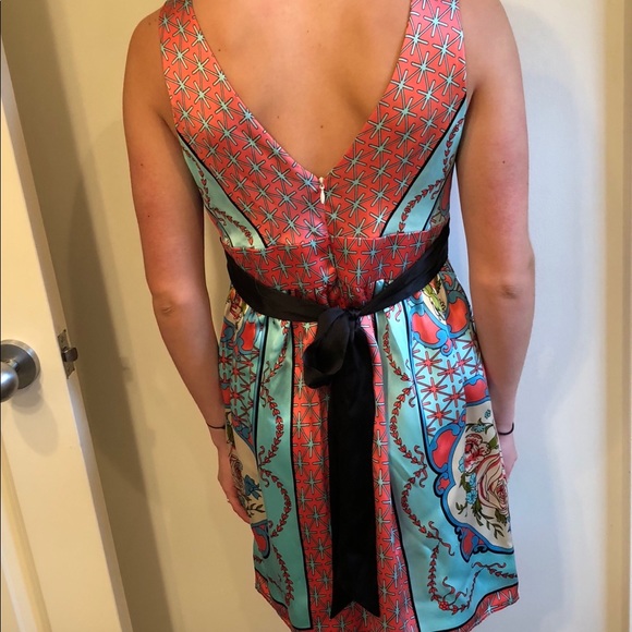 Peach and aqua print silk dress - Picture 2 of 5